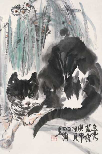 石齐 庚申（1980年） 水仙猫戏图 立轴